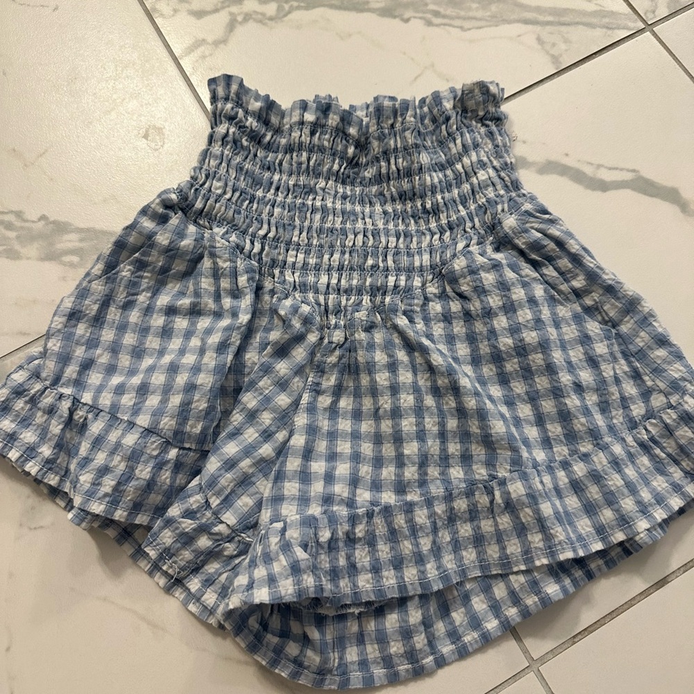 Sincerely Jules Blue Gingham High-Waist Smocked Shorts